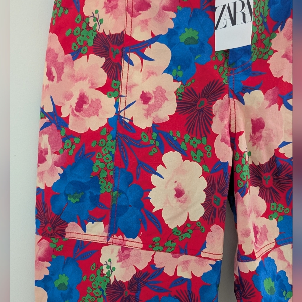 ZARA Bold Floral Cropped Cargo Ankle Pants Size S High Waist Pink Red Blue NWT - Picture 12 of 16